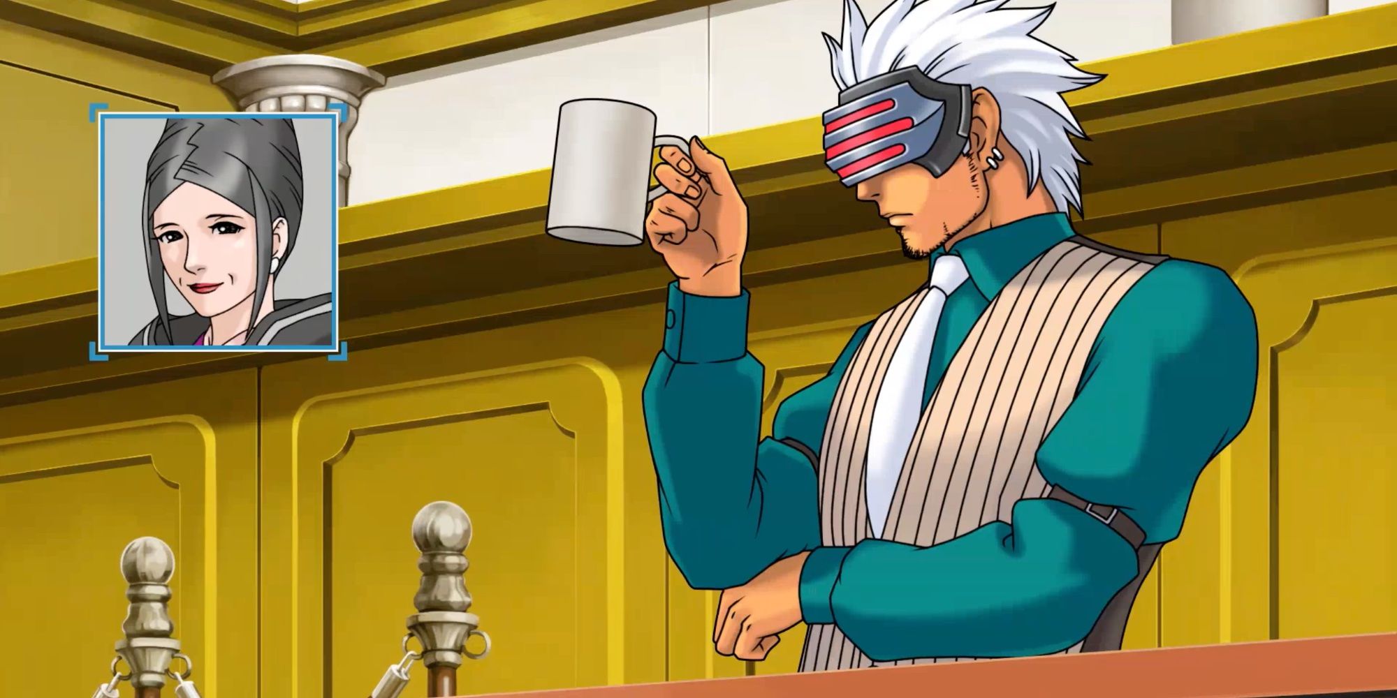 Ace Attorney 3- Trials and Tribulations Godot holding a cup of coffee during a trial