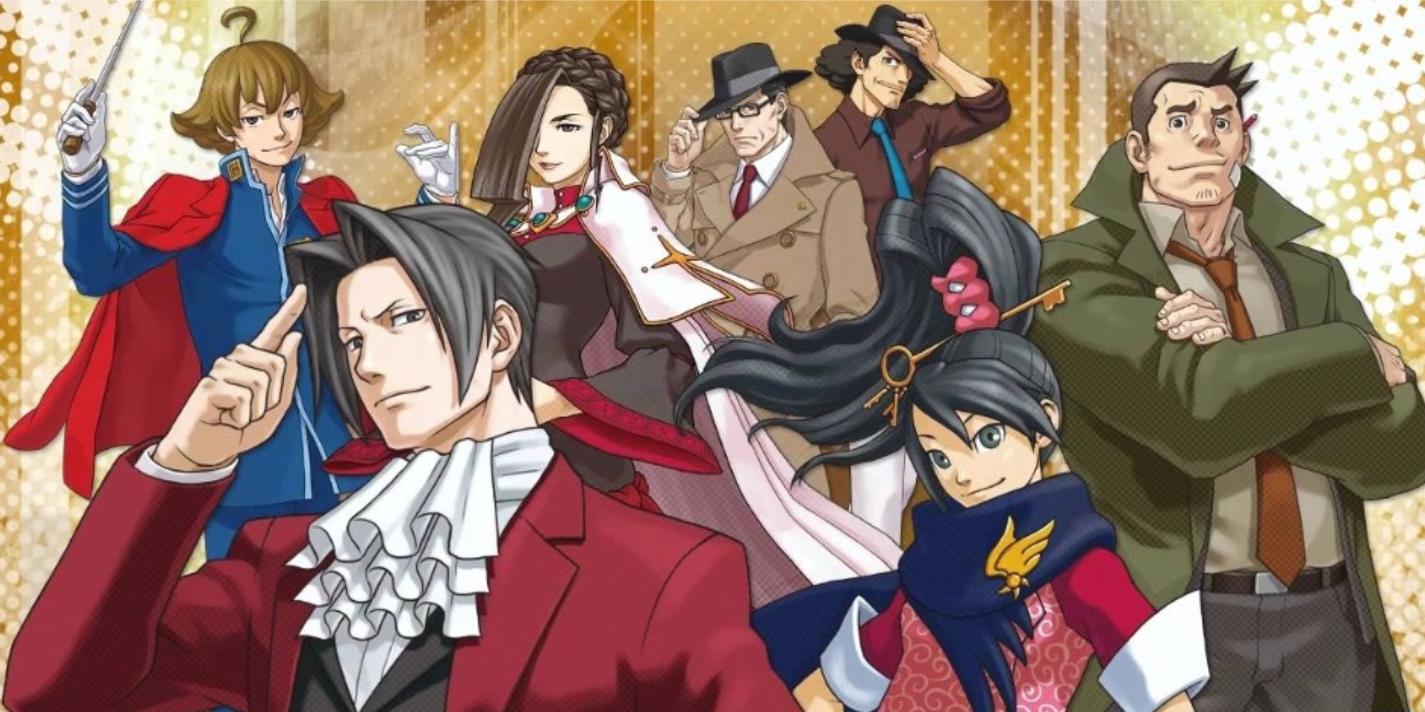 All the characters from Ace Attorney Investigations 2 standing together