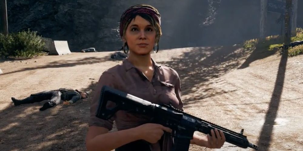 Far Cry 5 Adelaide Drubman holding rifle