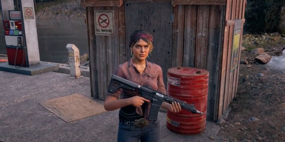 Far Cry 5 Adelaide Drubman At Marina holding weapon