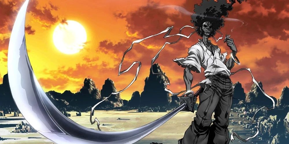Afro of an afro samurai with a drawn sword, mountains and the setting sun in the background