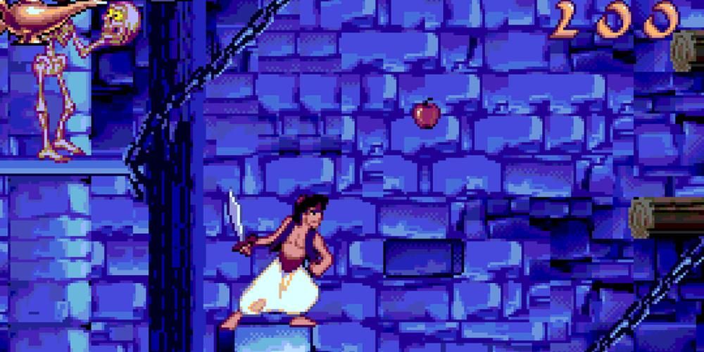 Aladdin standing in a dark dungeon facing a red apple. A skeleton holding its own head stands above him