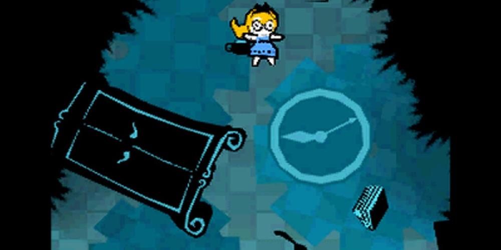 A cartoon version of Alice falling down a hole, a wardrobe, clock, and book falling as well