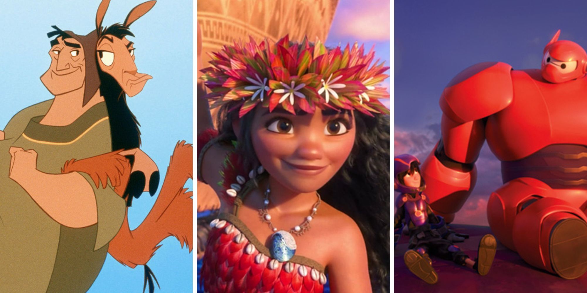Animated Disney Movies Featured Image featuring Pacha, Kuzco, Moana, Hiro, and Baymax