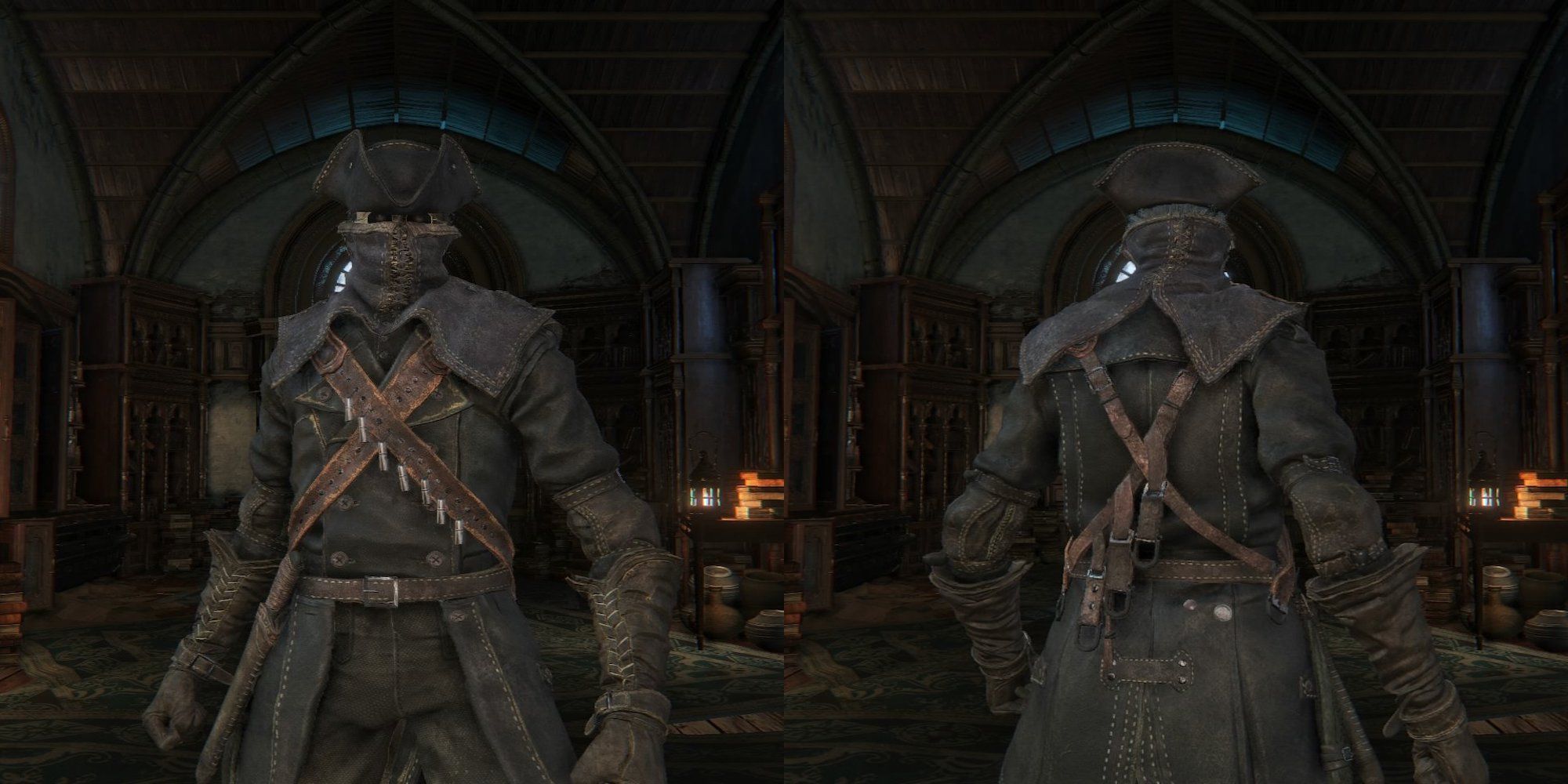 The front and back view of the Yharnam Hunter Set (Bloodborne)