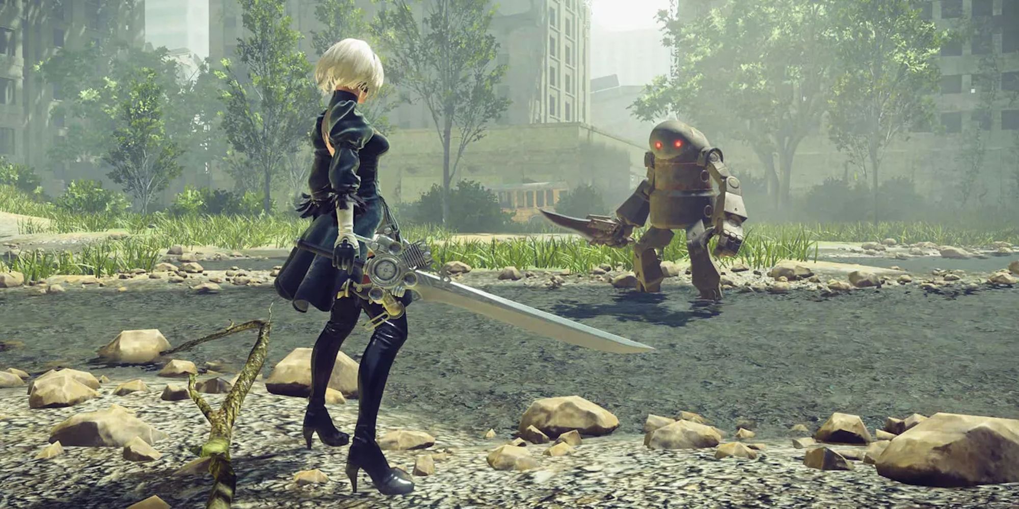 YoRHa facing an enemy (NieR: Automata)