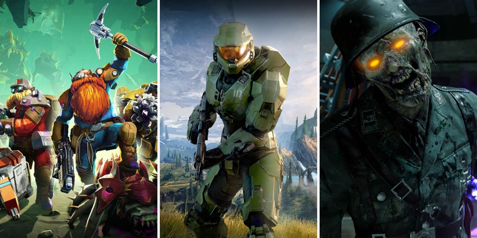 Collage of the Best Co-Op First-Person Shooters (Deep Rock Galactic, Halo Infinite, Call of Duty: Zombies)