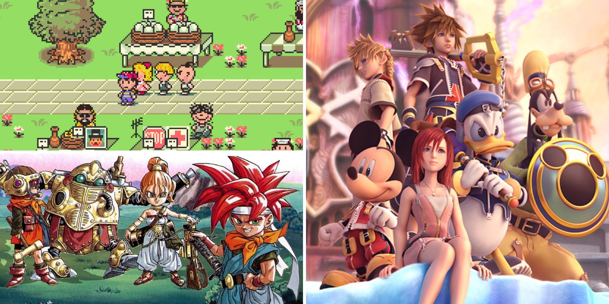Collage of the best JRPGs of all time (EarthBound, Chrono Trigger, Kingdom Hearts 2)