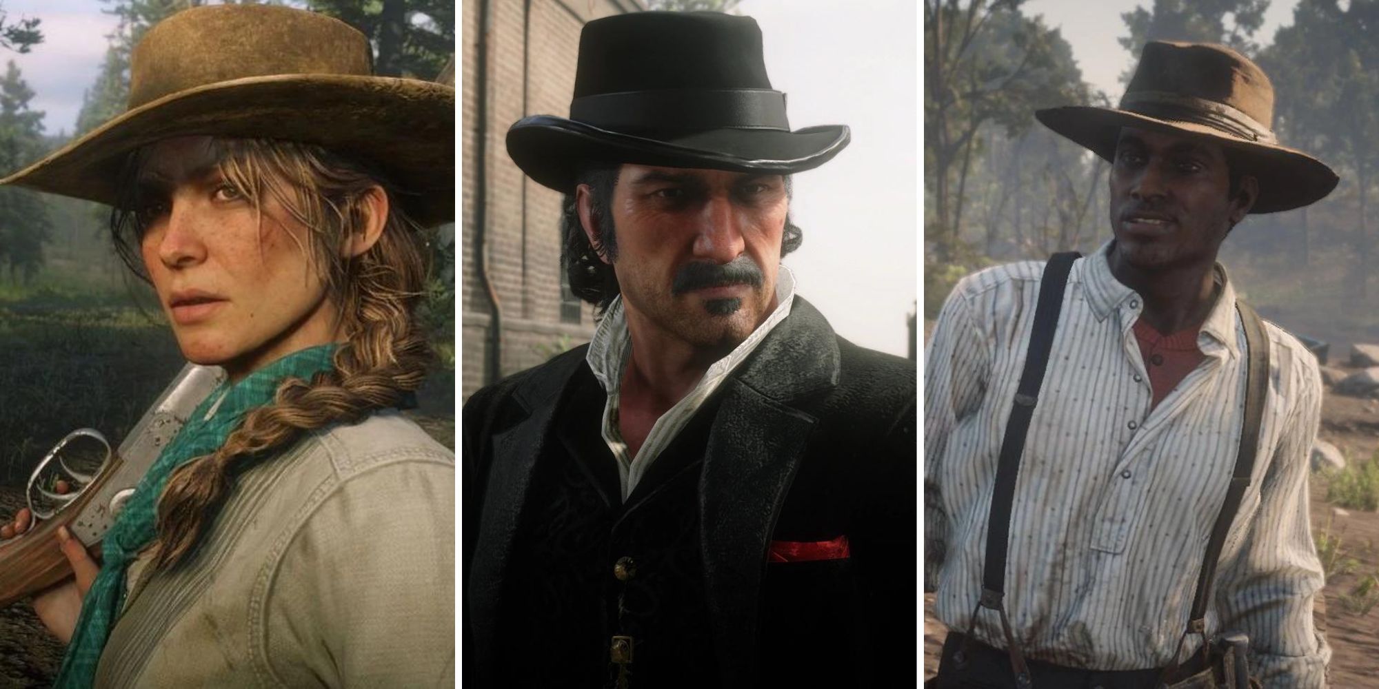 Collage of the Best Red Dead Redemption 2 Characters (Sadie, Dutch, and Lenny)