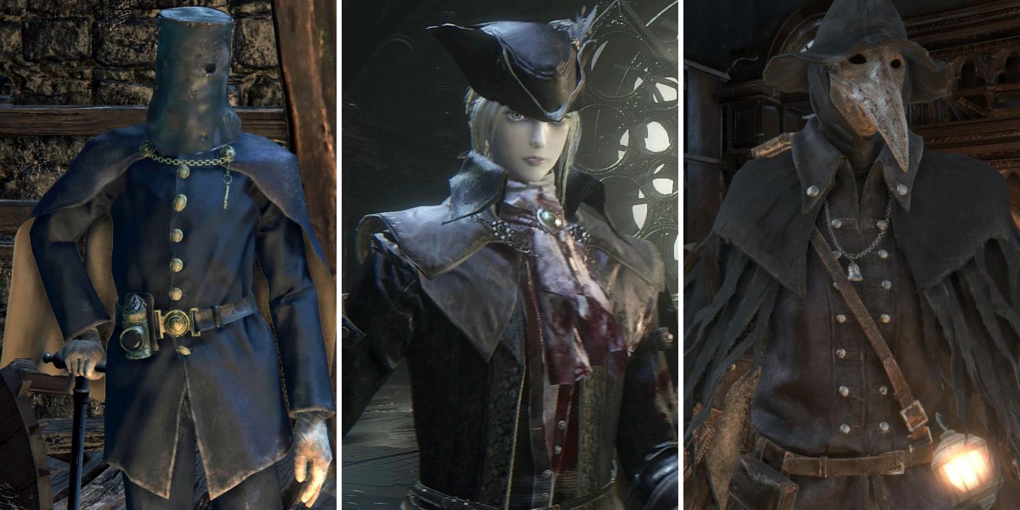 Collage of the best armor sets from Bloodborne (Constable Set, Maria Hunter Set, Crowfeather Set)