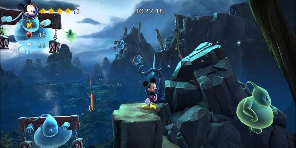 Mickey Mouse standing on a moonlit mountain with cartoonish ghosts on either side
