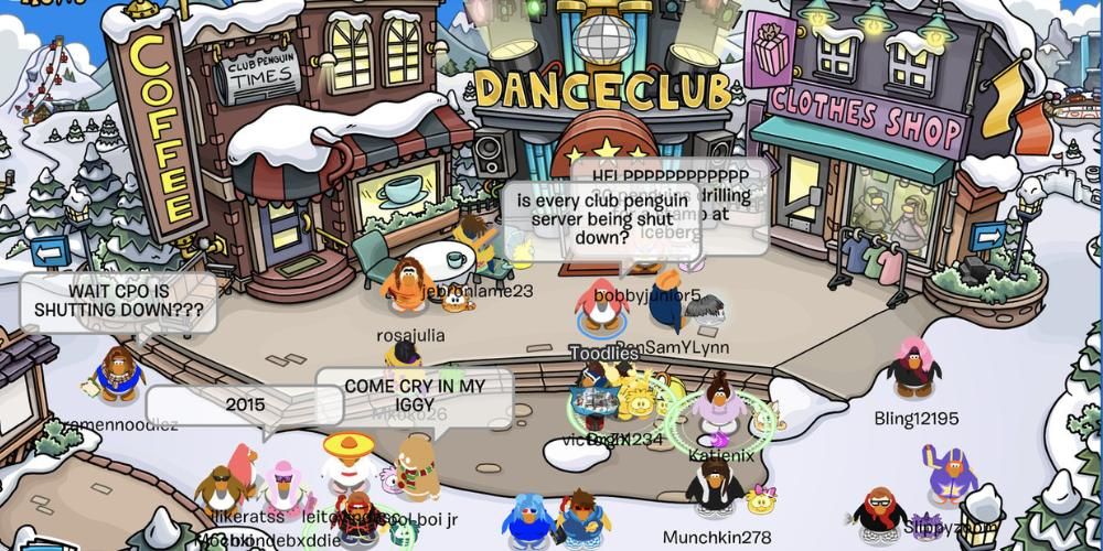 The town area of Club Penguin where many penguin avatars stand, chat bubbles above their heads