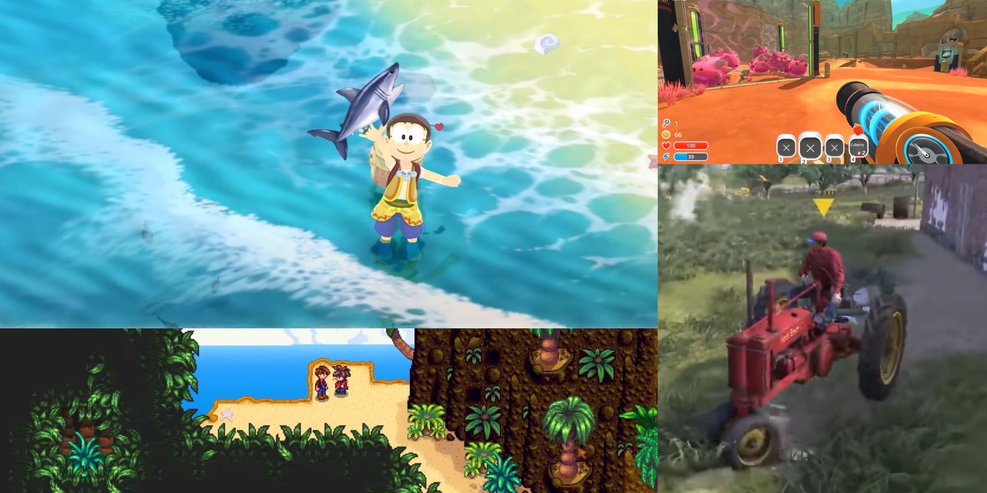 Collage of games: Doraemon, Farmer's dynasty, Slime Rancher, Stardew Valley