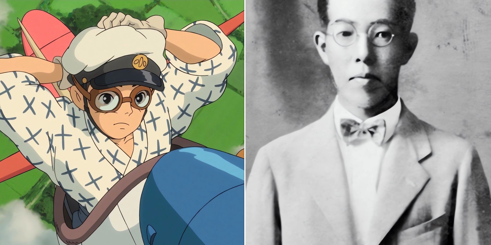 Collage Jiro Horikoshi in The Wind Rises and in real life