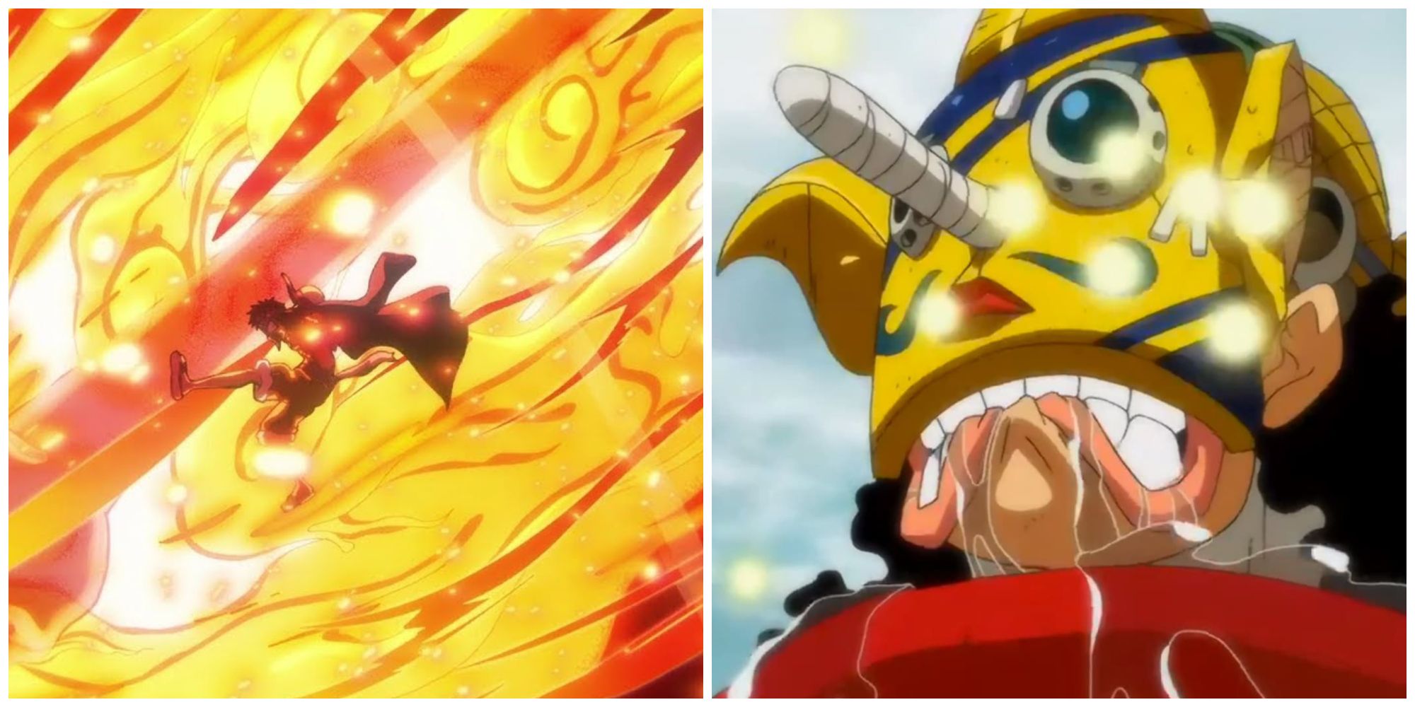 One Piece split image Luffy's Red Roc from 1015 and the Going Merry Funeral Usopp crying