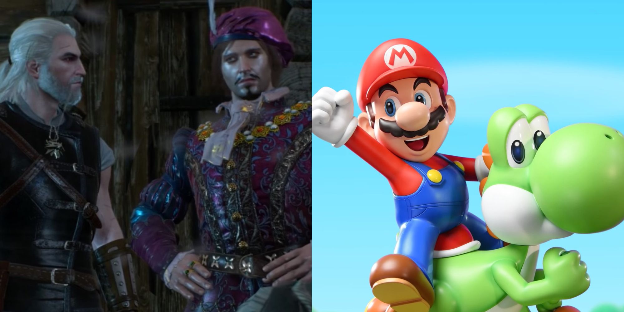 Geralt and Dandelion on the left and Mario with Yoshi on the right