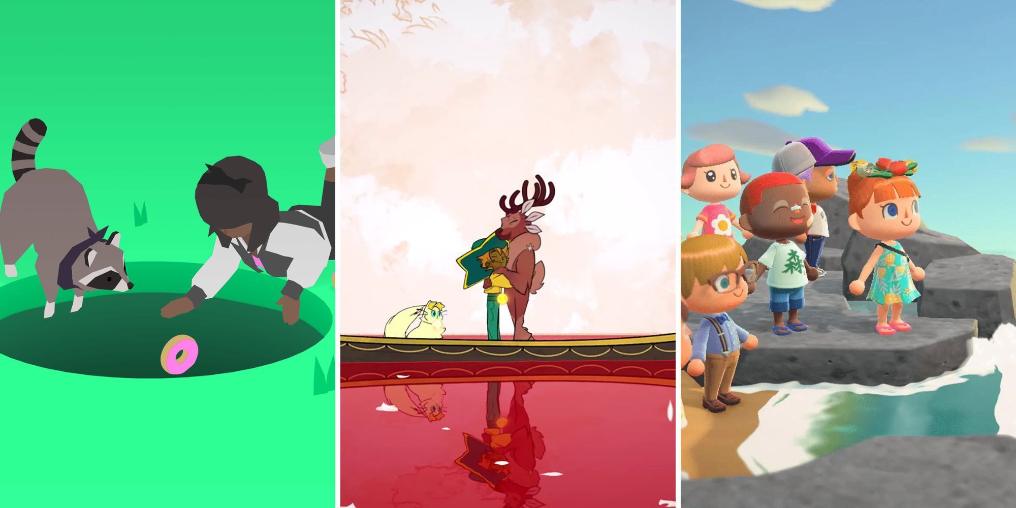 Collage of the Best Cozy Games (Donut County, Spiritfarer, Animal Crossing: New Horizons)