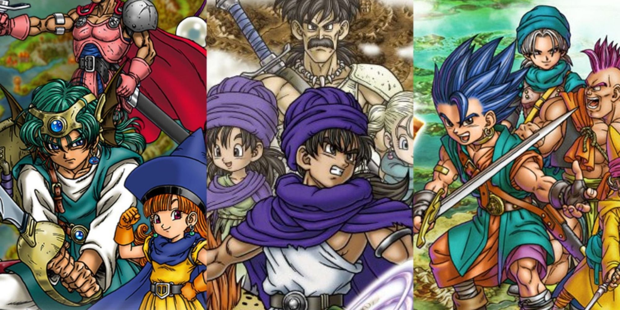 Split image Dragon Quest Zenithian Trilogy 4, 5, and 6 DS remakes Solo Alena Madason Rek and Terry