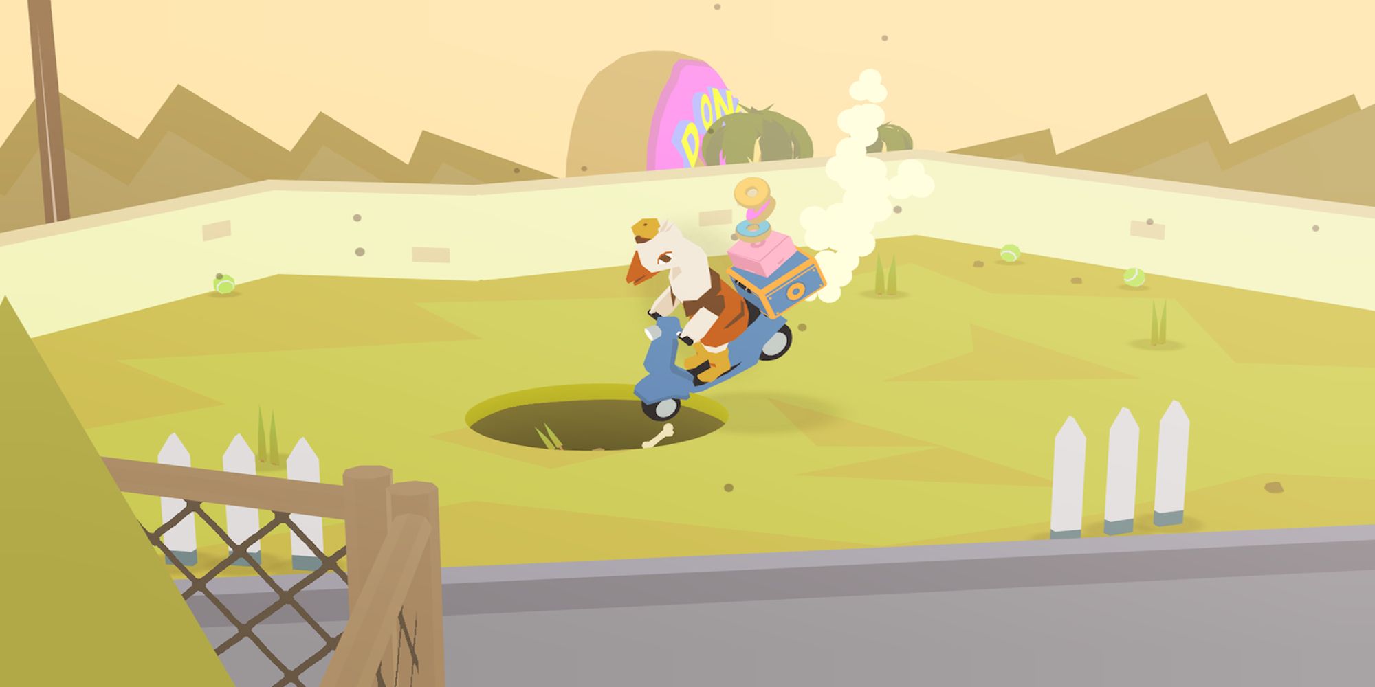 Goose on a scooter falling into a hole in the ground (Donut County)