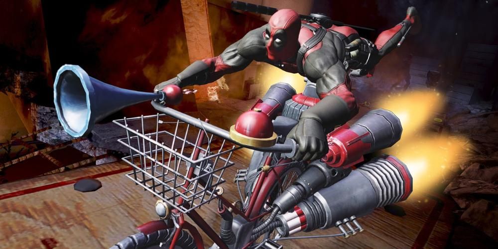 Deadpool riding a bike with engines and a big horn attached to it