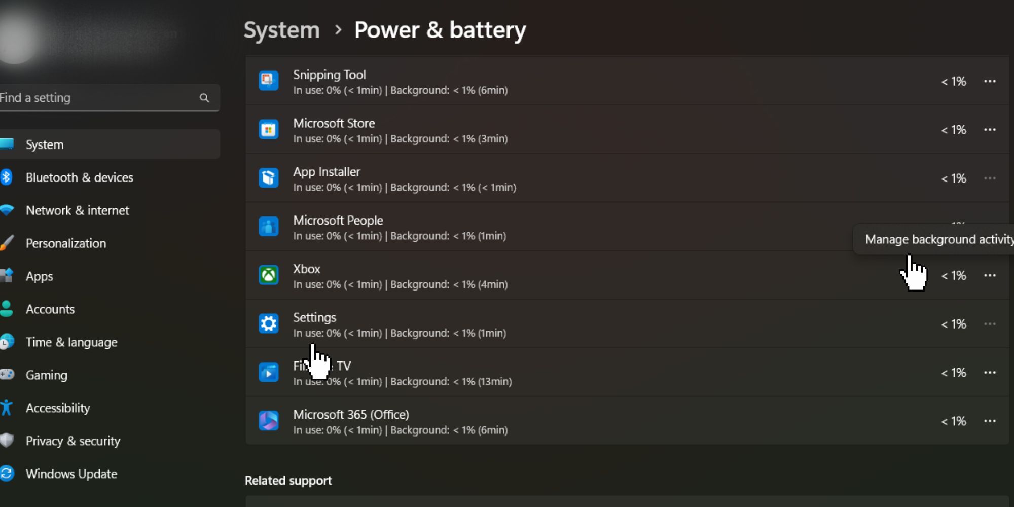 Windows PC how to disable applications via Power & Battery menu