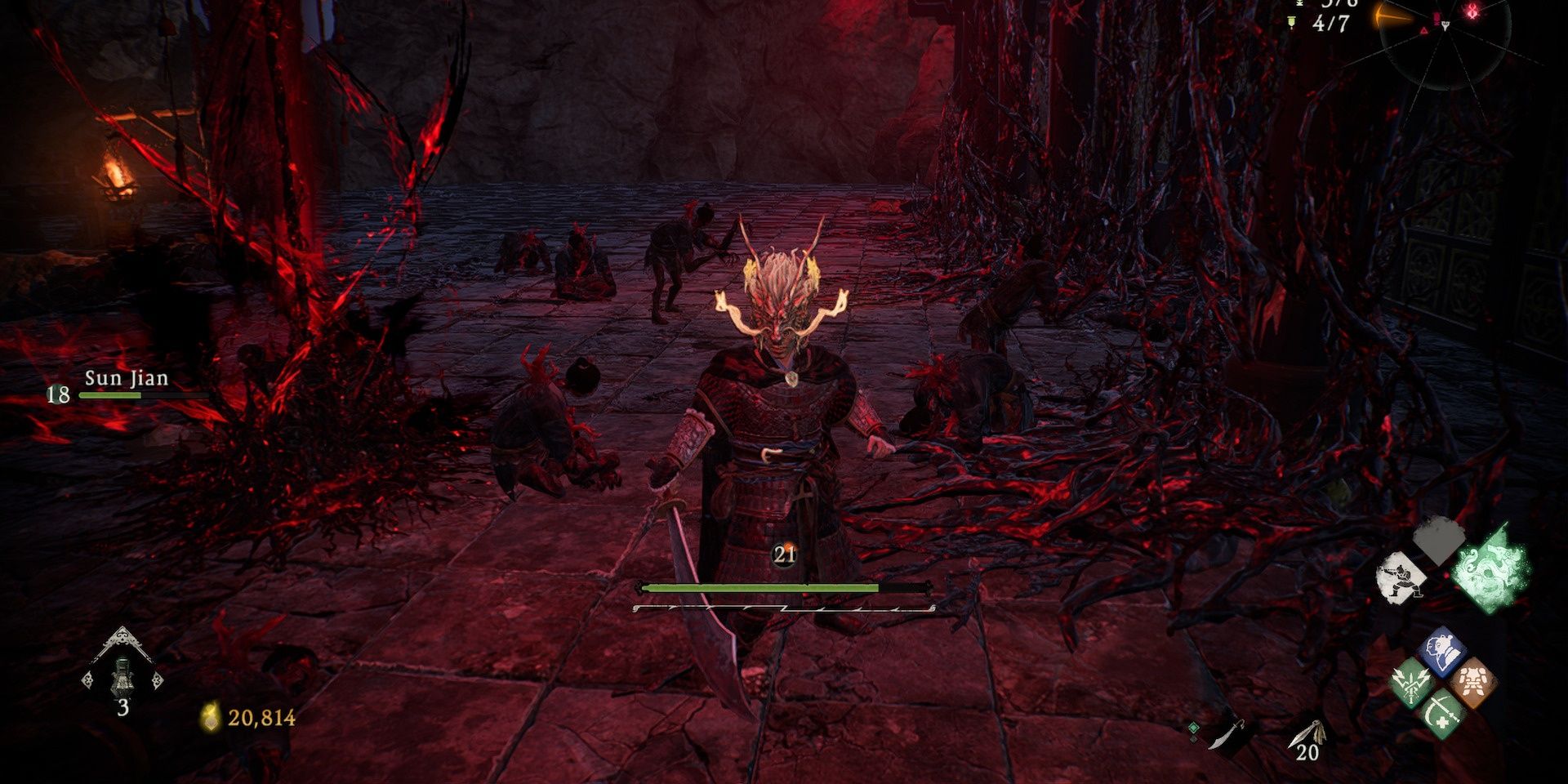 Wo Long character in Dragon Helm standing around corpses