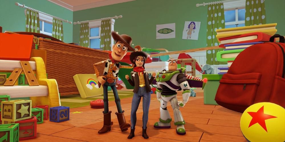 The player character of Dreamlight Valley, toy-sized, standing in Andy's Room with Woody and Buzz from Toy Story.
