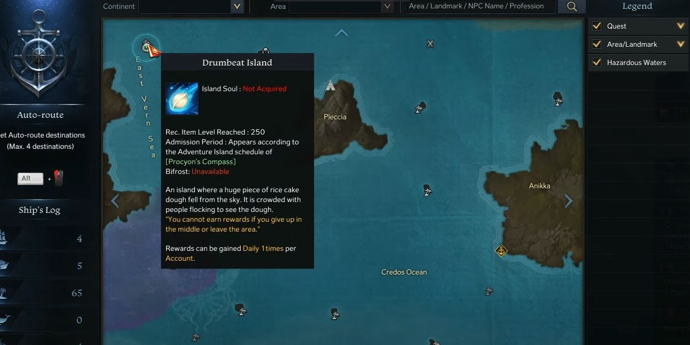 The Lost Ark character displays the location of Drumbeat Island on the map.