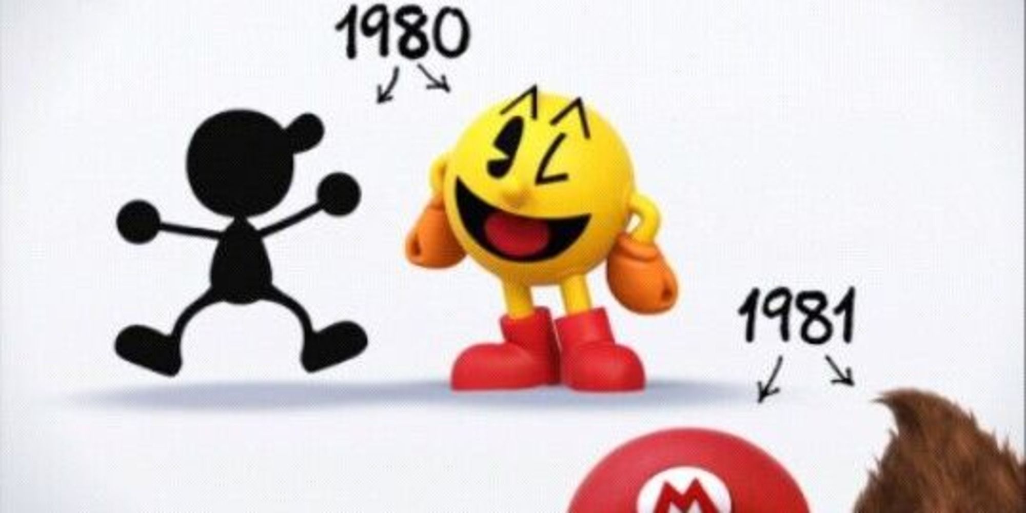 The end of Pac-Man's reveal trailer in Smash 4, showing the year of his debut along with Mr. Game & Watch, Mario, and Donkey Kong.