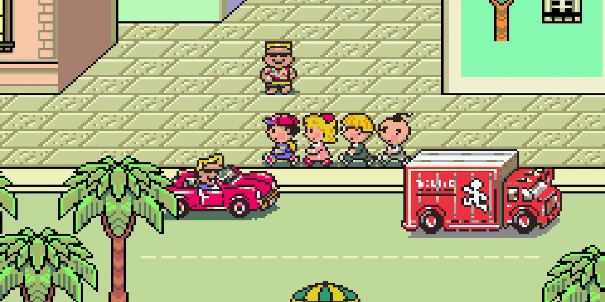 Ness and his party walking in town (EarthBound)