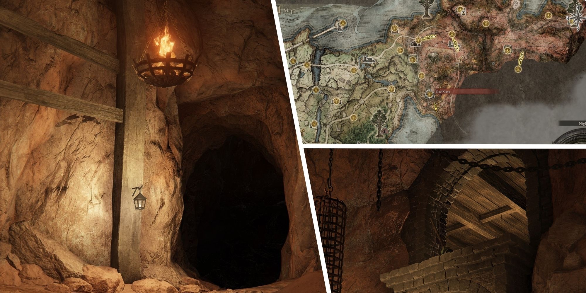 The player looks at Gaol Cave on the map, enters it, and looks at the central lever.
