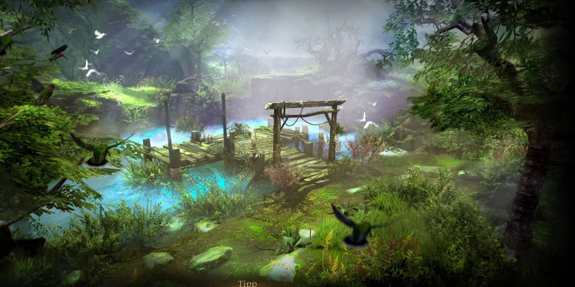 The character in Lost Ark is loading into the Erasmo's Island showcasing a small dock with vibrant vegetation and wildlife.