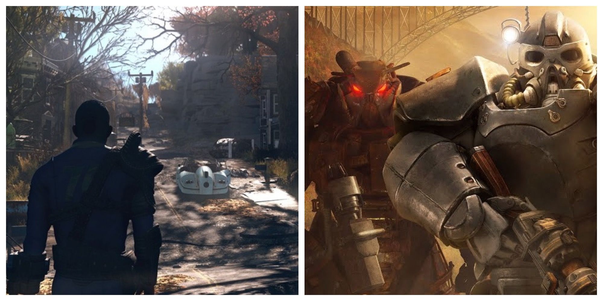 Fallout 76 split image new player roaming wasteland and two experienced players in power armor