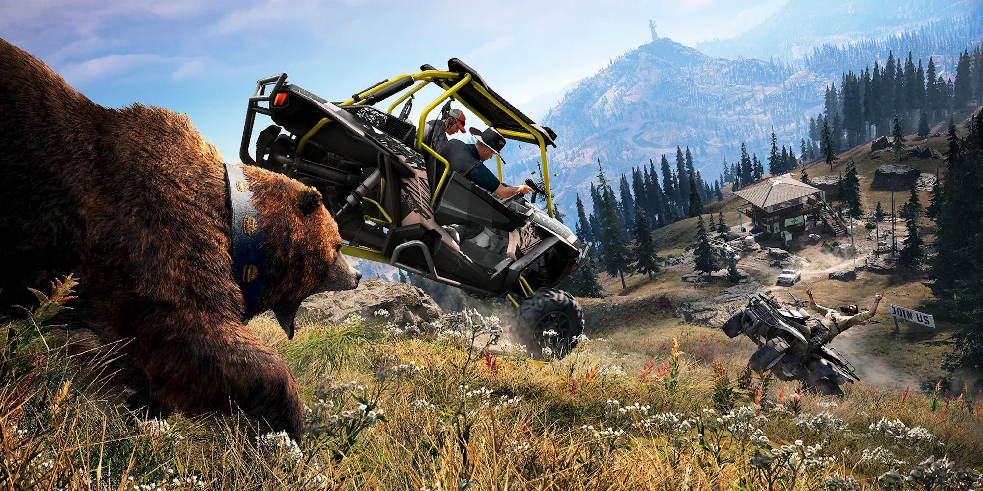 Players driving away from a bear (Far Cry 5)