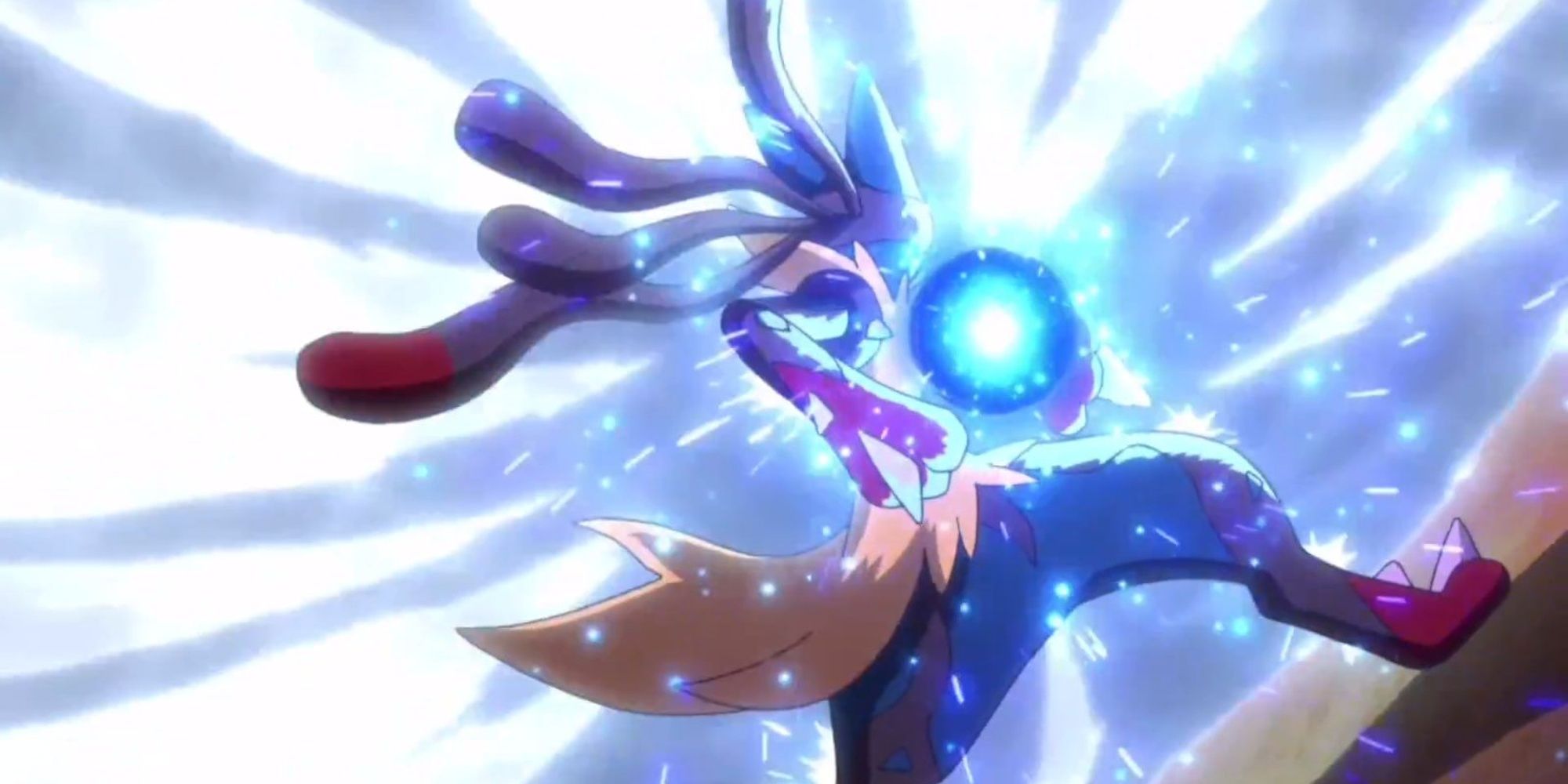 Mega Lucario preparing Aura Sphere in battle