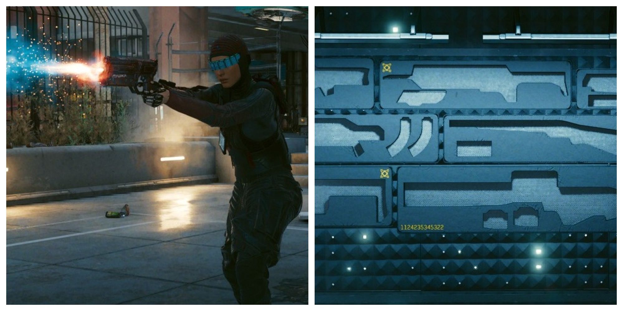 V from Cyberpunk 2077 firing Comrades Hammer next to pic of empty gun wall