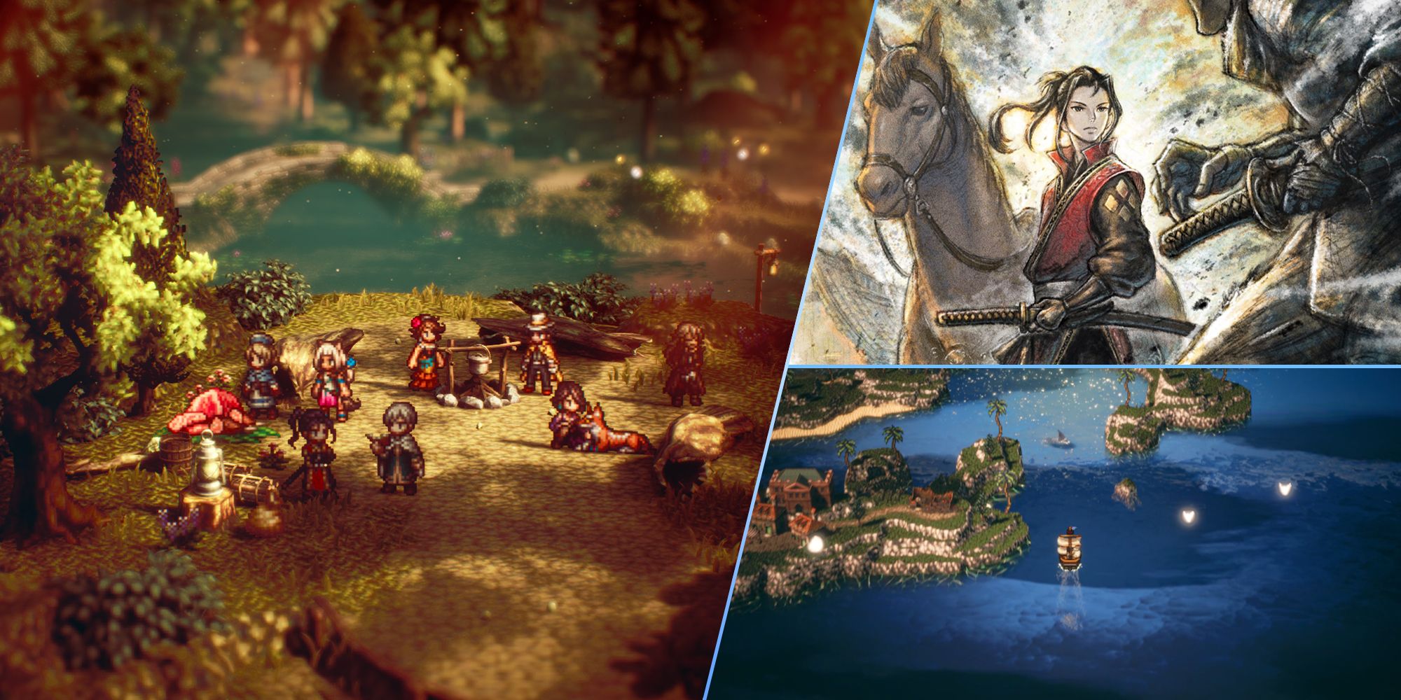 Octopath Traveler 2 Best Daylight Path Actions Featured Image with Hikari and the rest of the party members around the campfire, a photo of the Grand Terry, and Hikari's official art