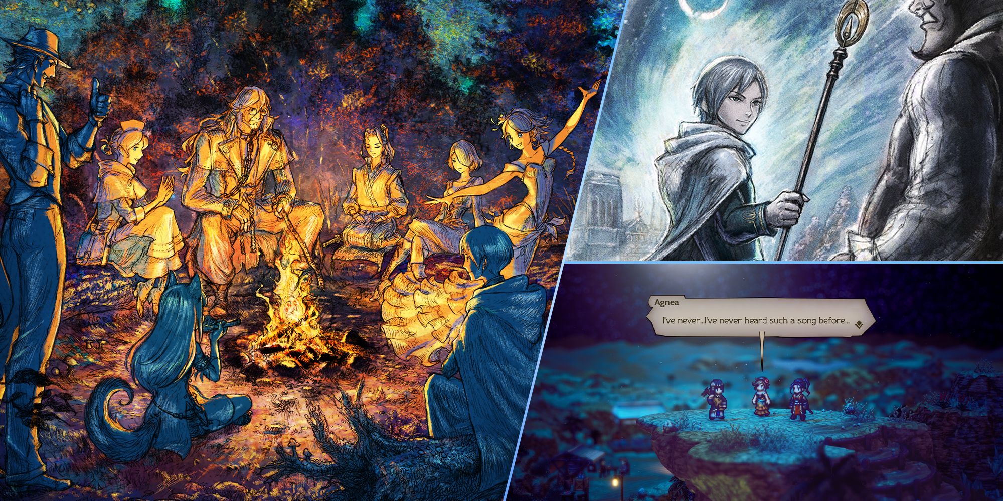 Octopath Traveler 2 Featured Image which shows all 8 heroes around a campfire at night with Temenos's Coerce artwork 