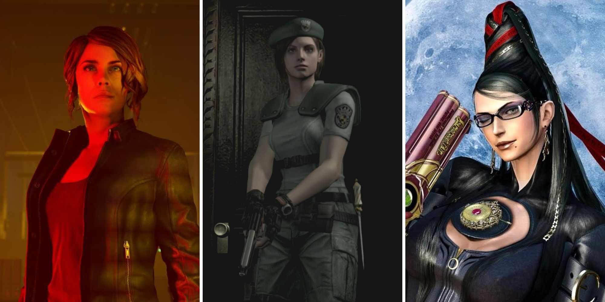Collage of the best video games with female protagonists (Control, Resident Evil, Bayonetta)