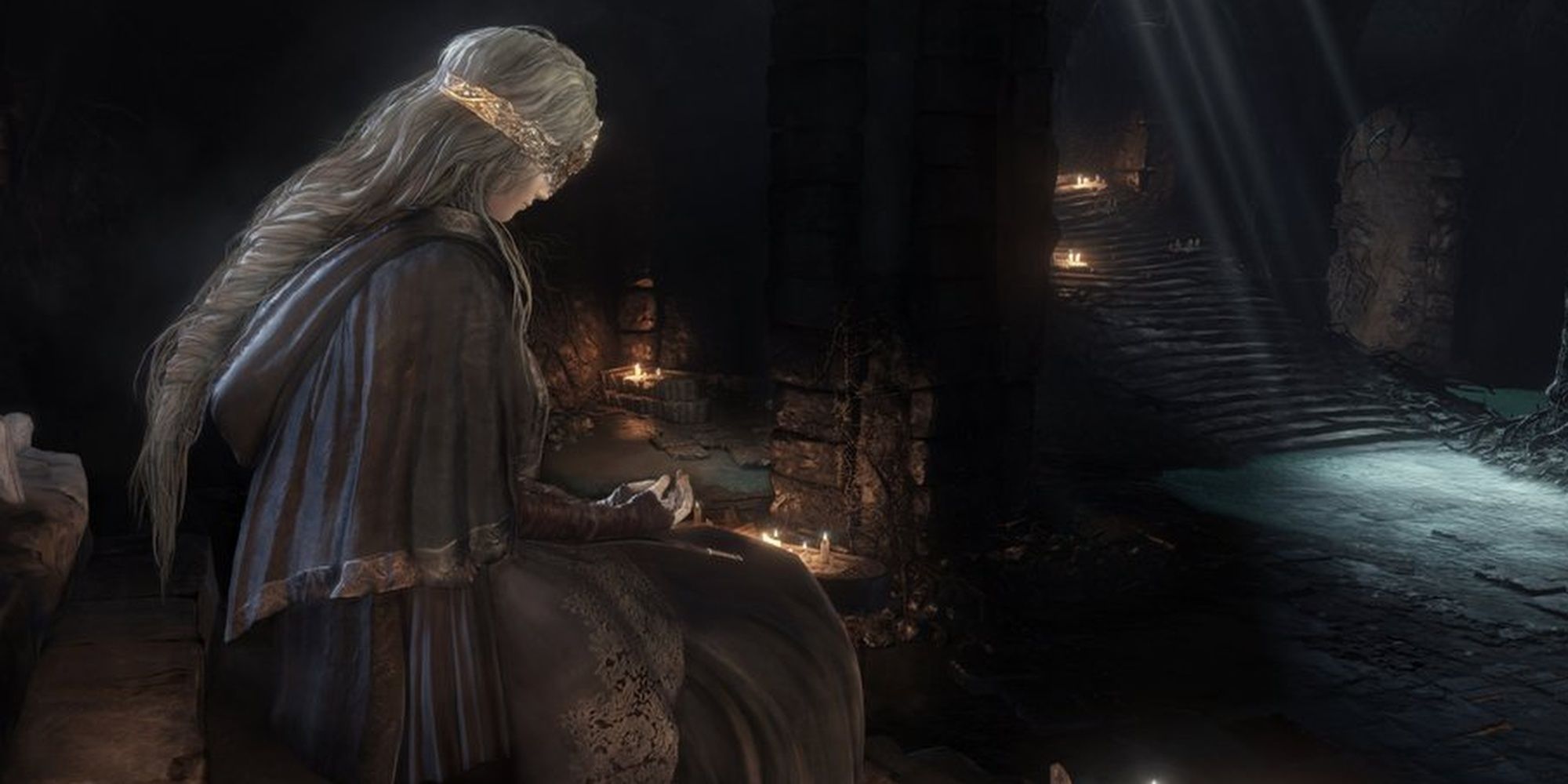 A Fire Guardian sitting at the Fire Link shrine from Dark Souls 3