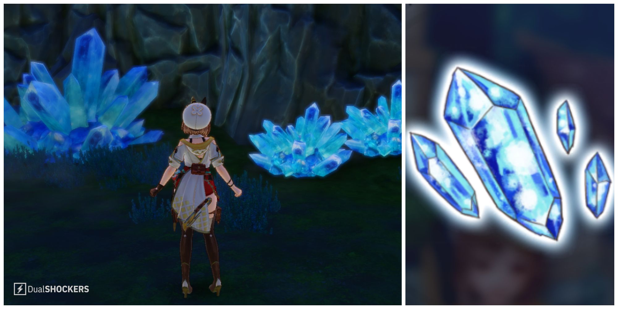 Split image of Fairystone Fragment in the wild and the main image of the item in the basket in Atelier Ryza 3.