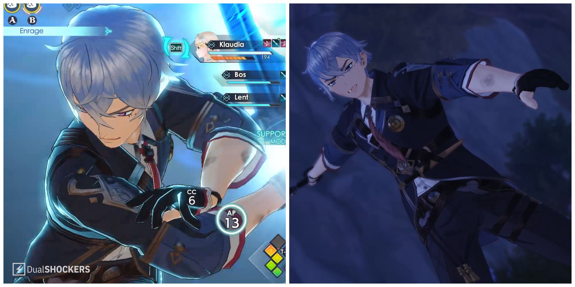 Split image of Bos completing an Action Order and Bos after a battle in Atelier Ryza 3.