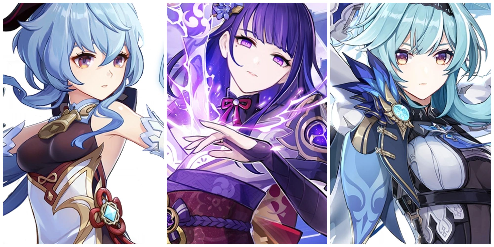 A split image of the characters Ganyu, Raiden Shogun, and Yula on the wish banners for Genshin Impact.