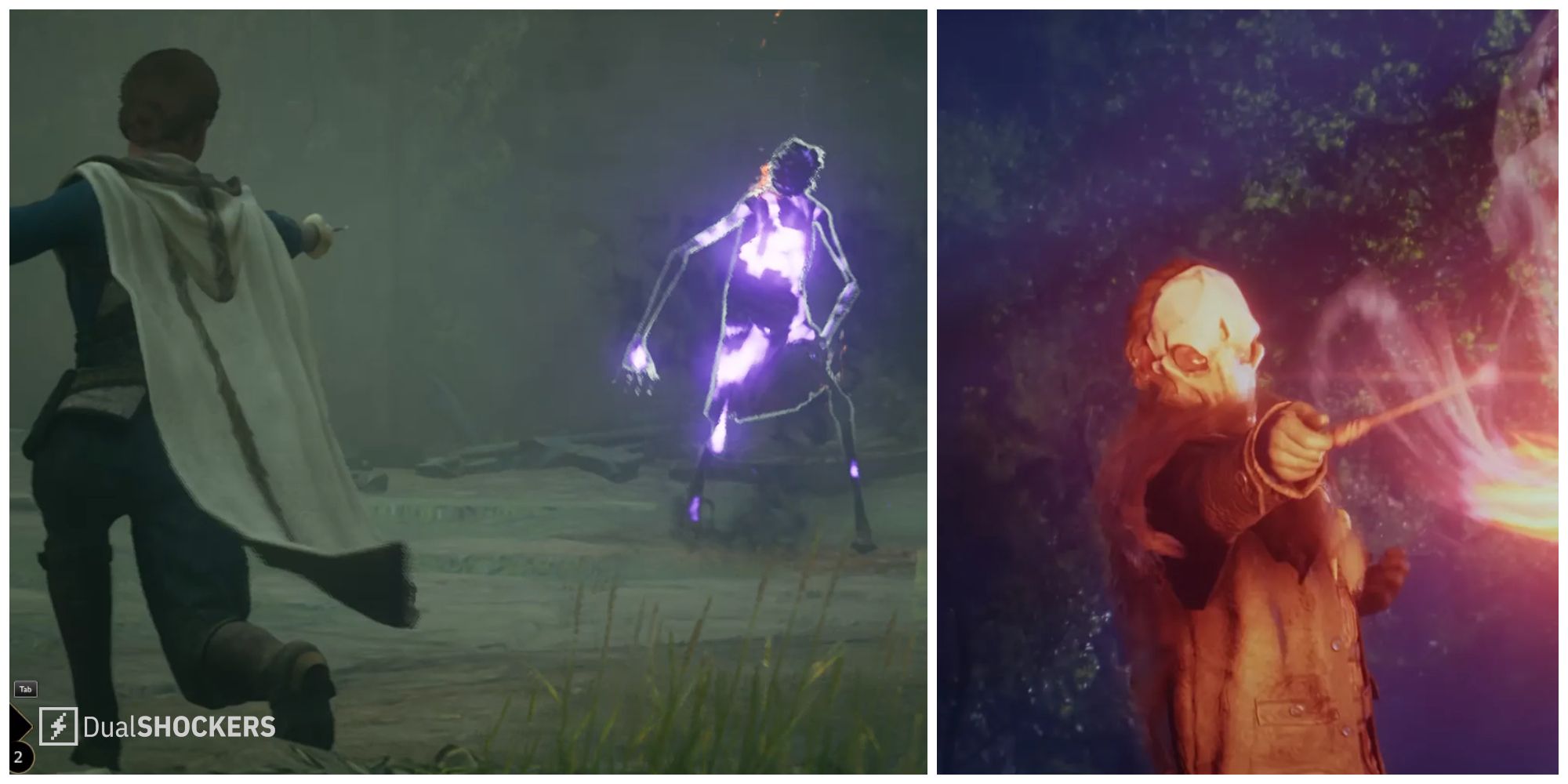 Split image of an Inferius enemy getting hit with Ancient Magic and an Ashwinder enemy in Hogwarts Legacy.