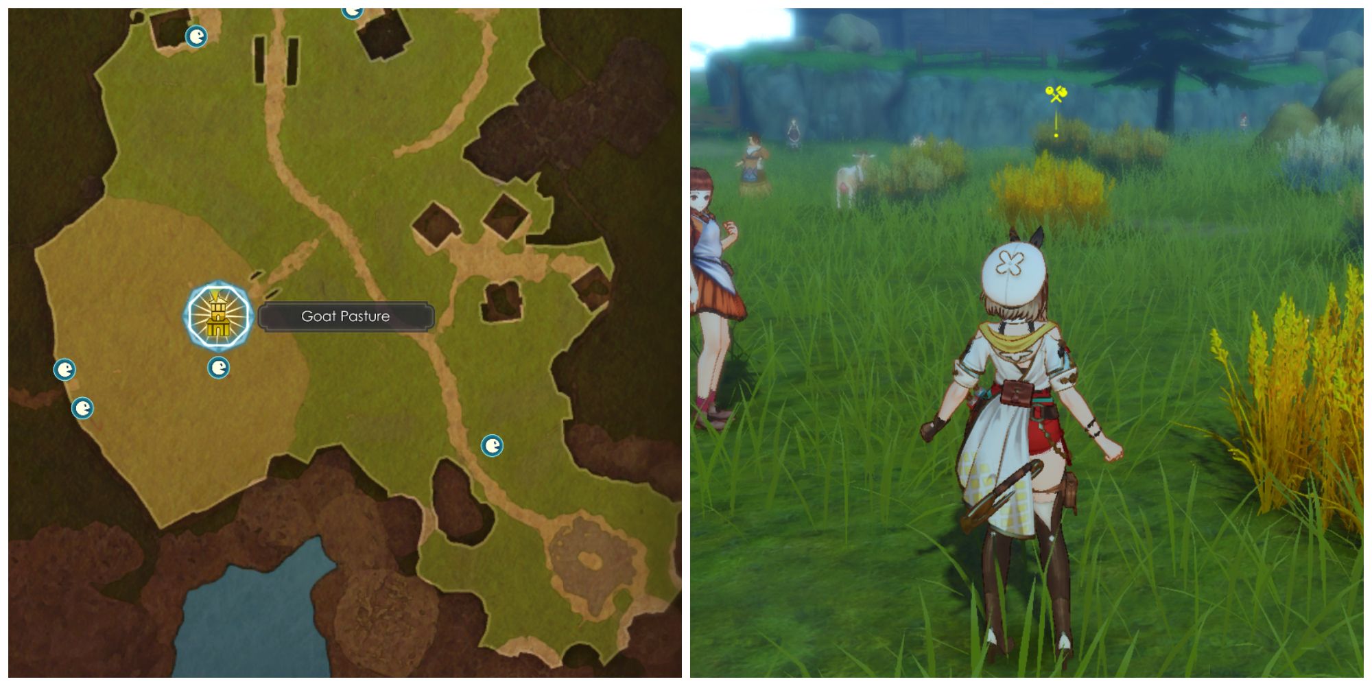 Image breakdown of the Goat Pasture landmark on the map and rare ingredients in Goat Pasture in Atelier Ryza 3.