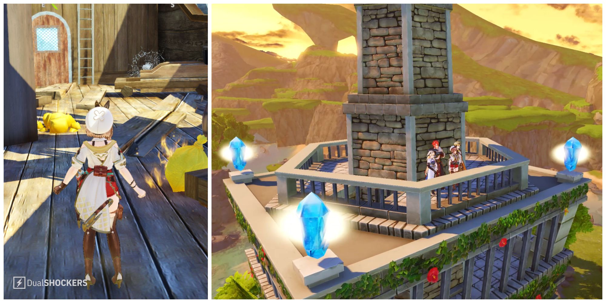 Split image of the pirate ship and the top of the lighthouse in Atelier Ryza 3.