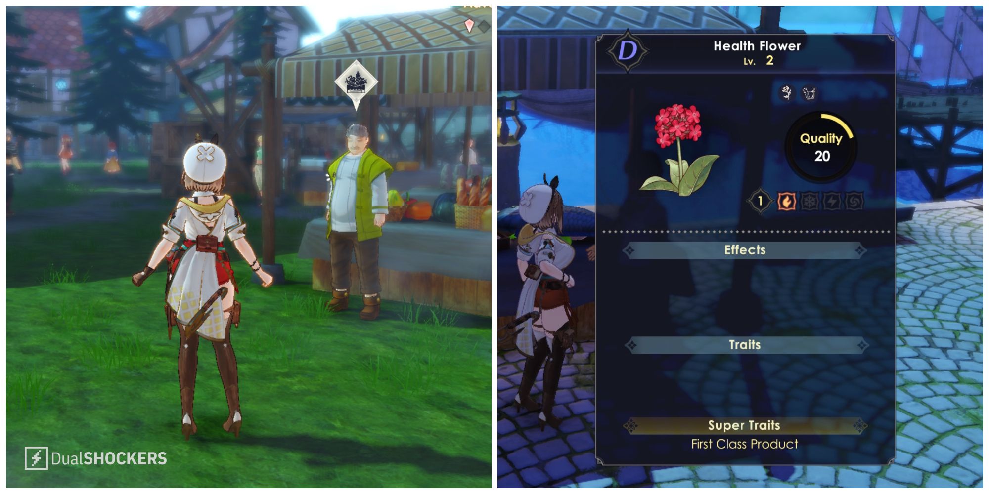 Split image of a shopkeeper and an item for sale in Atelier Ryza 3.