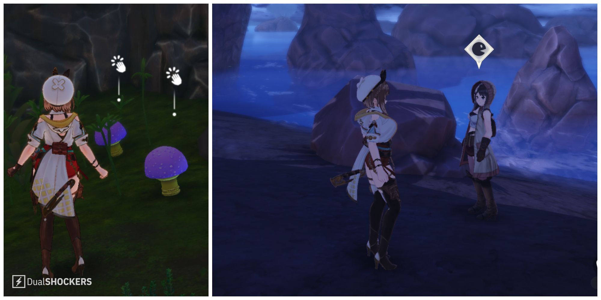 Split image of jellyfish mushrooms and the woman looking for the ultimate in Atelier Ryza 3.