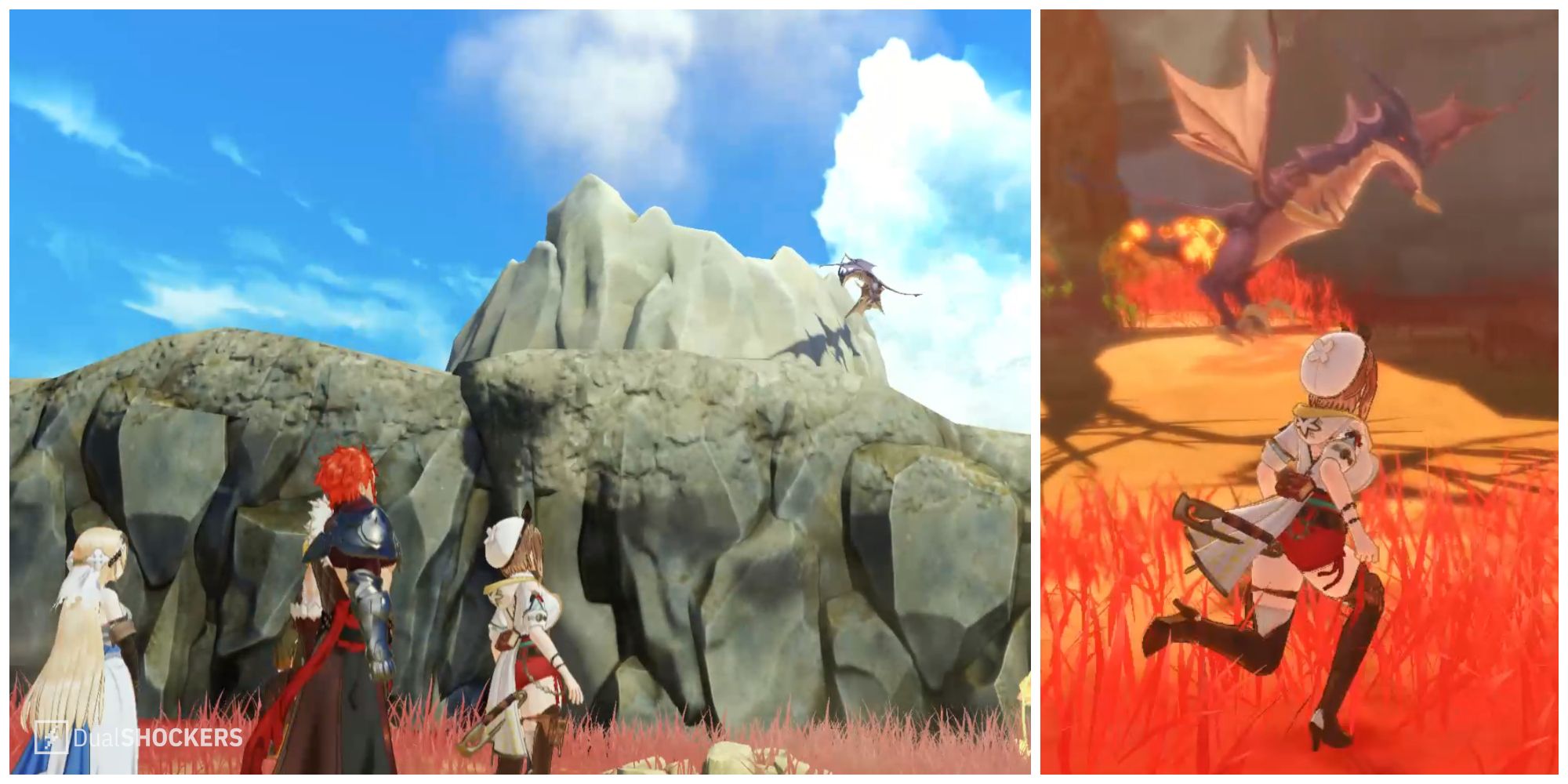 Split image of the opening cutscene for Let's Stop the Earthquake and the dragon you must defeat in Atelier Ryza 3.