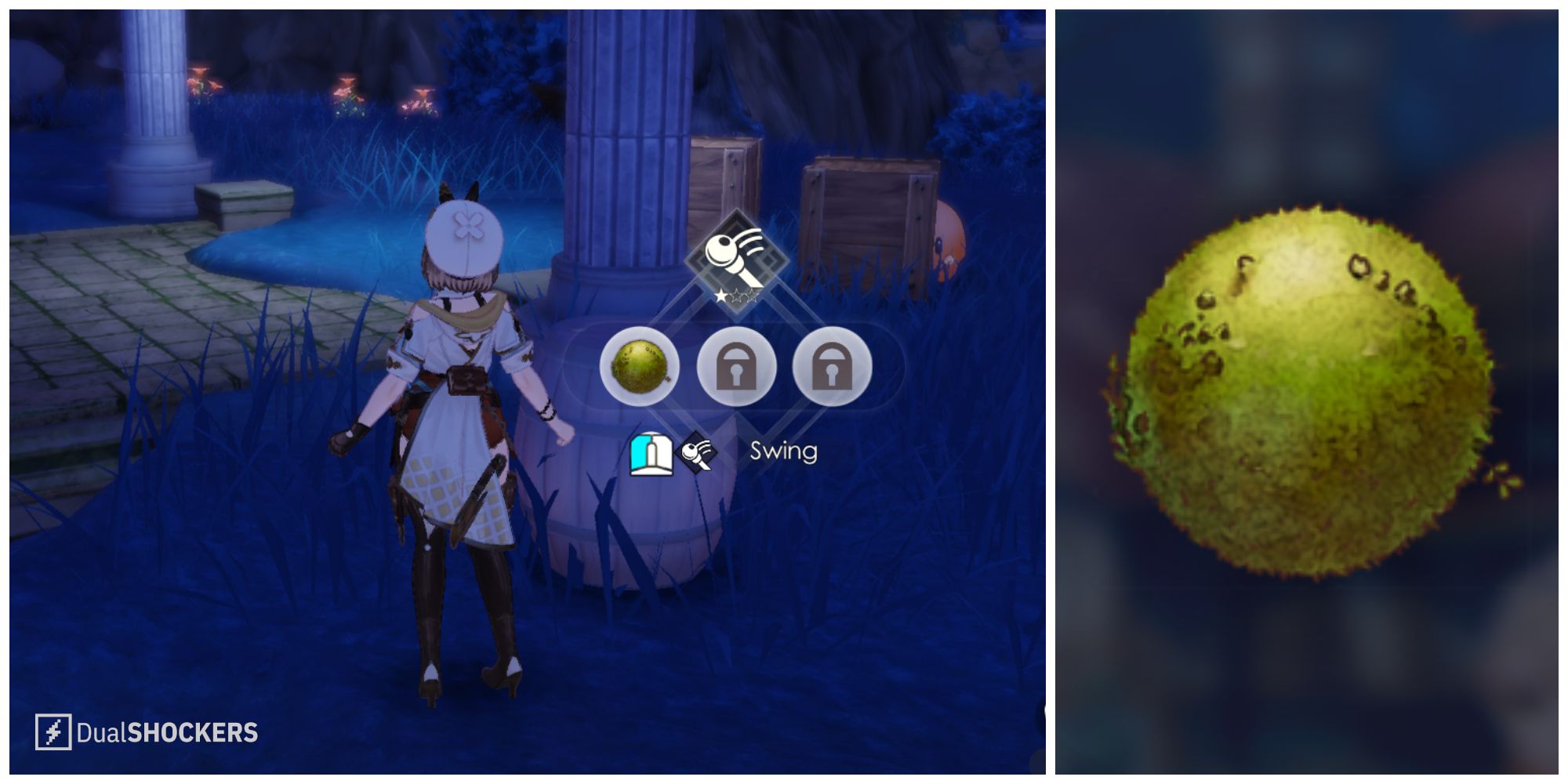 Split image of medicinal moss in the wild and an image of medicinal moss in the container in Atelier Ryza 3.